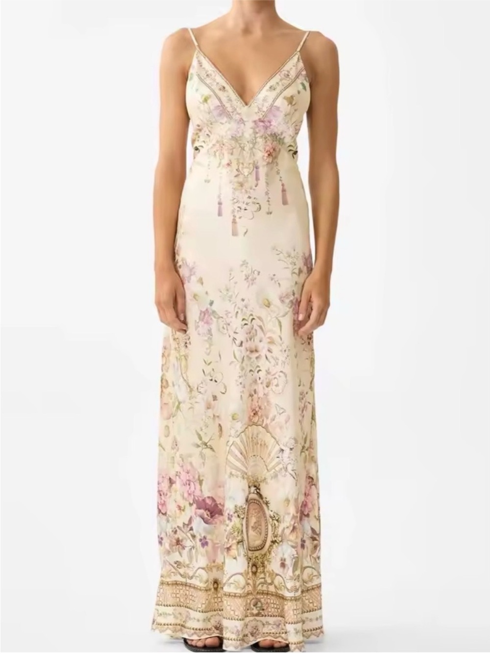 Camilla V Neck Full Length Bias Slip Dress Adorned In Aranjuez, NWT, 
$489 $949